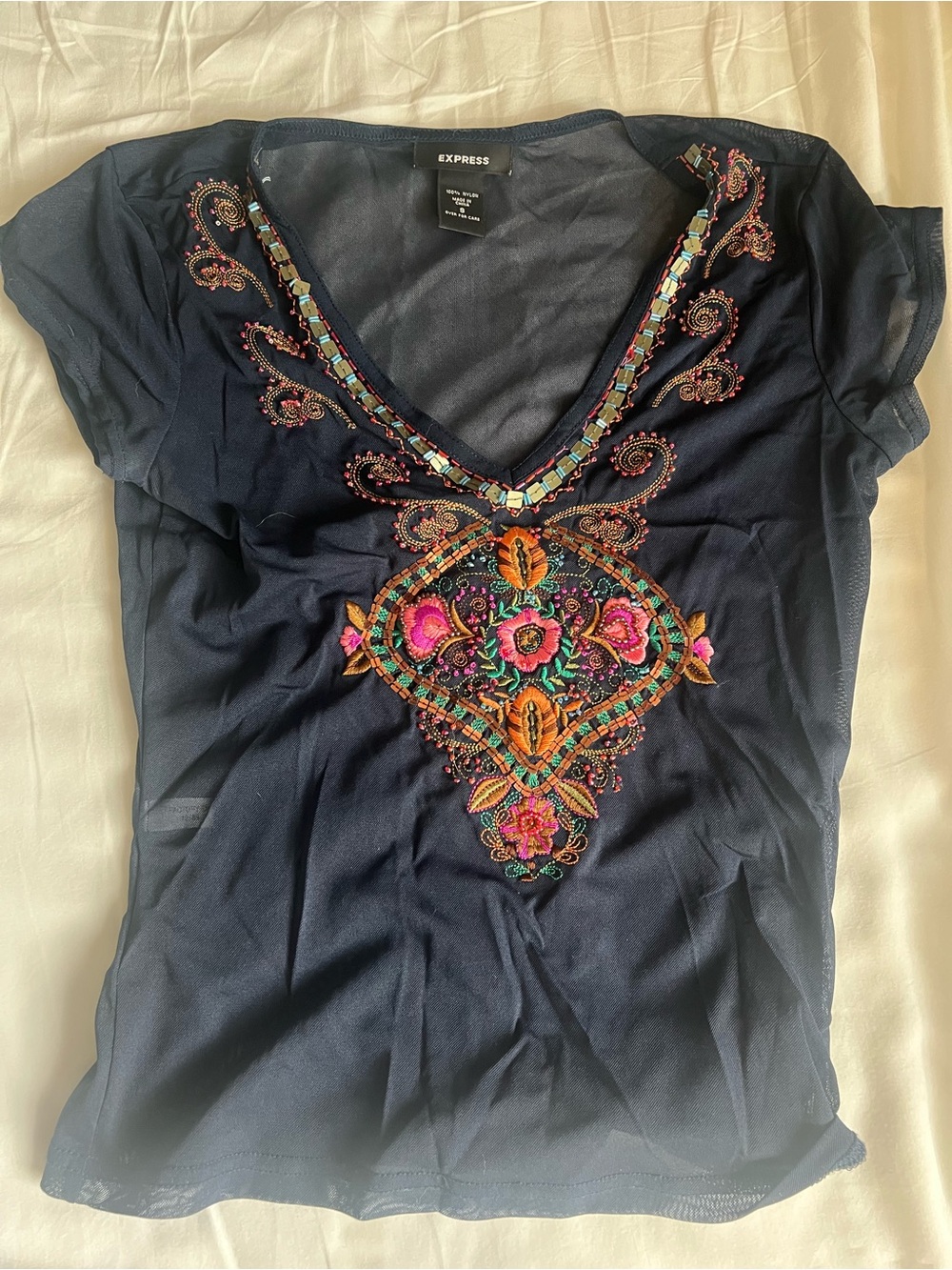 Express Navy sheer Short Sleeve with beaded Embroidery